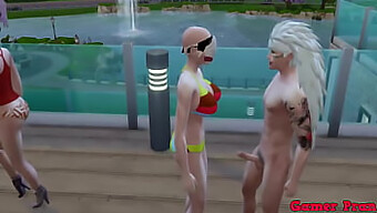 Hinata e le sue amiche nuotano in piscina e Videl suggerisce un trio con lei e la sua amica