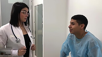 A sexy doctor performs a deepthroat on her patient during a medical examination