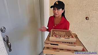 Asian Teen Ember Snow Delivers Pizza And A Steamy Threesome To Jay Romero And Rion King