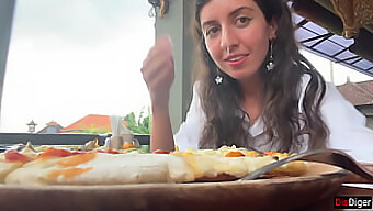 Girl Consumes Pizza And Cum In A Public Cafe, Outdoor Setting