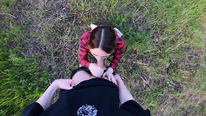 Young woman gives public blowjob and handjob in forest